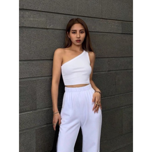 Áo Croptop Không Tay Lệch Vai Áo Lệch Vai 2 Màu Đen, Trắng Form Dành Cho Nữ Phong Cách Ulzzang Xưởng Áo Thun Croptop
