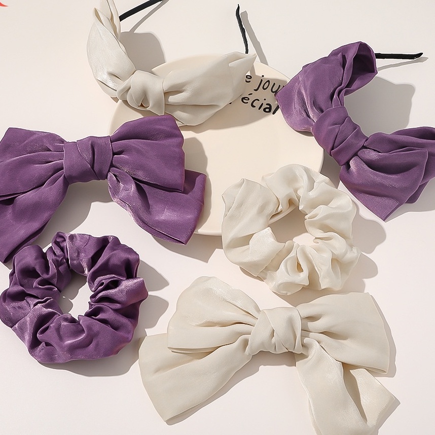 Bộ đôi Cài Tóc nơ và Scunchies vải bóng phong cách kẹo ngọt đáng yêu