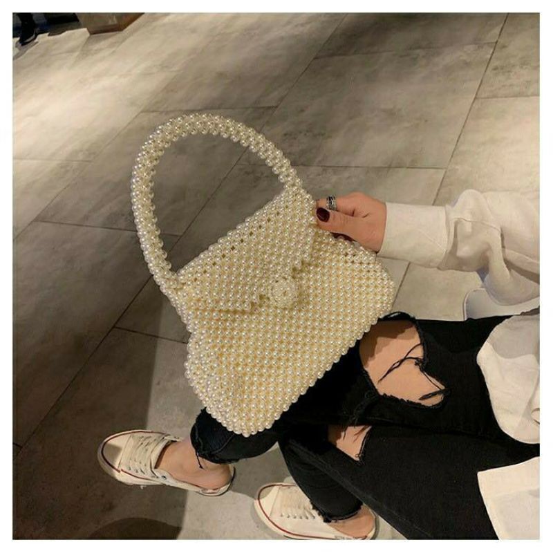 Túi xách tay kết hạt cườm giả ngọc trai handmade kiểu hình vòm