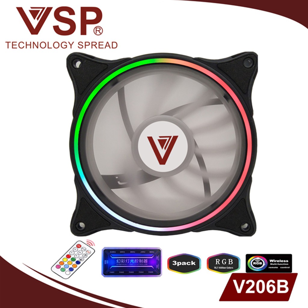 Combo bộ 3 Fan led RGB 2 mặt VSP V206B +Hub + Remote