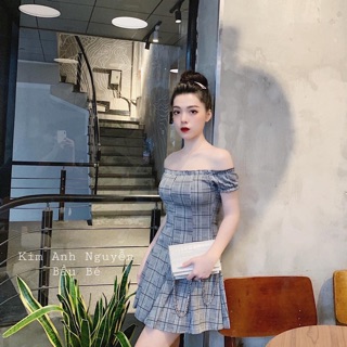 Đầm trễ vai kẻ kèm ảnh thật