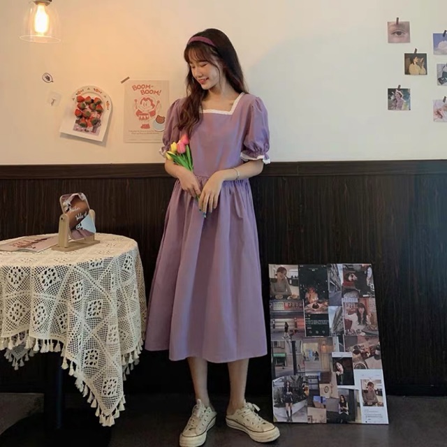 Váy thô baby doll viền cổ ren tay bồng trơn màu Ulzzang style 🌸 VKE8097 Hàng Quảng Châu