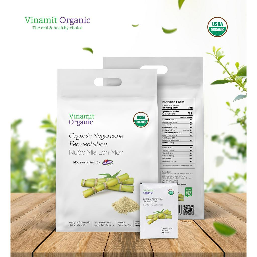Nước mía lên men Vinamit 250g nước mía hữu cơ 100% Túi 250gr (50 gói x 5gram)