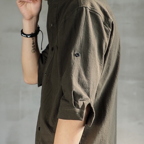 Áo sơ mi KT Kc102 bằng cotton lanh tay ngắn dáng rộng màu trơn phong cách Hàn Quốc cho nam size Size M-3XL