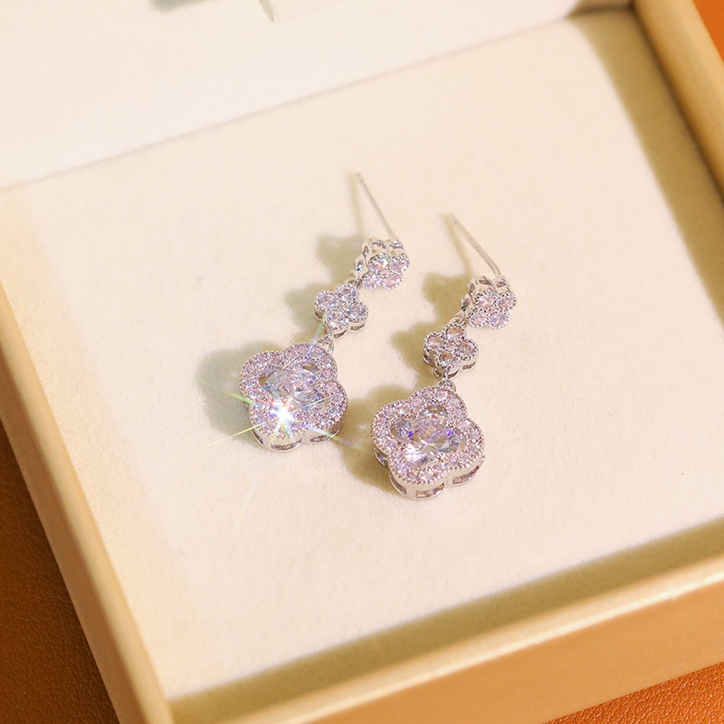 [Jiudolan] Khuyên Tai Dáng Dài Mặt Cỏ Bốn Lá Đính Đá Zircon Sáng Bóng Tinh Tế Cho Nữ