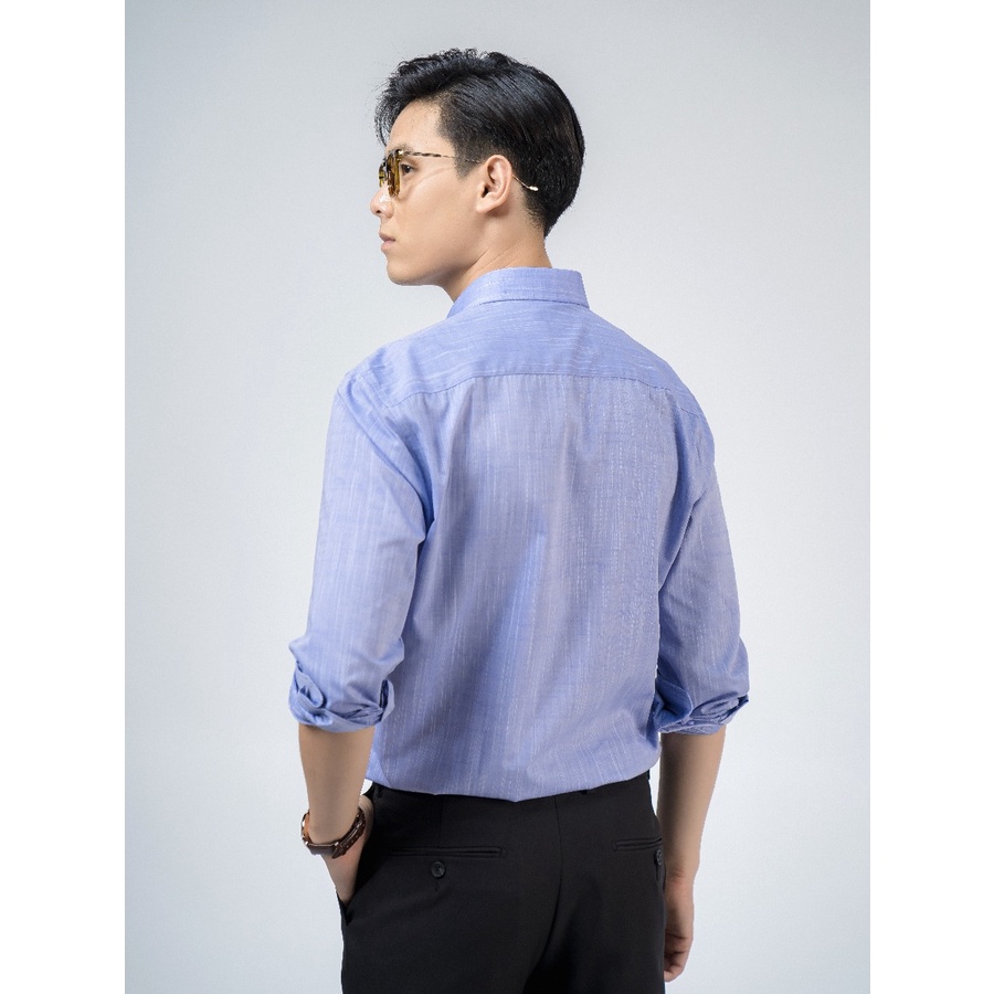 Áo sơ mi nam dài tay OWEN AR220132D somi công sở vải sợi tre cao cấp màu xanh slub có túi dáng suông tà lượn có túi