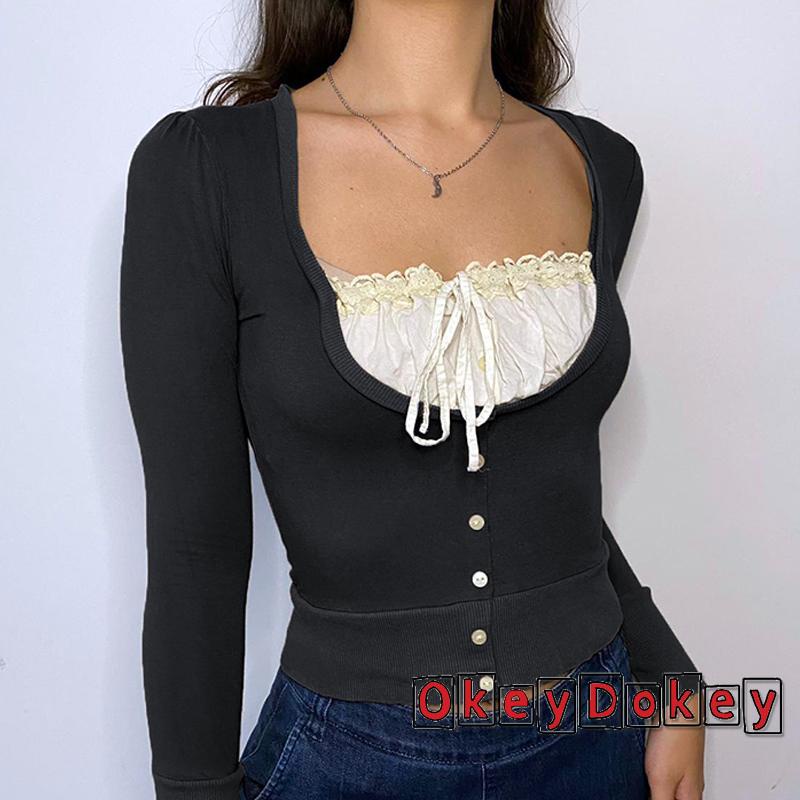 Áo thun tay dài dáng ôm phối dây buộc phía trước cho nữ