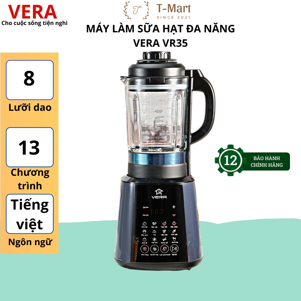 Máy làm sữa hạt, xay nấu đa năng thế hệ mới VERA VR35 Bảng điều khiển tiếng Việt, Nắp chống tràn an toàn tuyệt đối