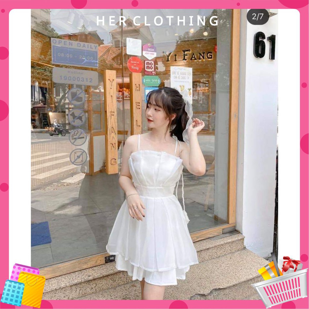 Đầm nữ dự tiệc trắng 2 dây xếp li ngực sang trọng dễ thương