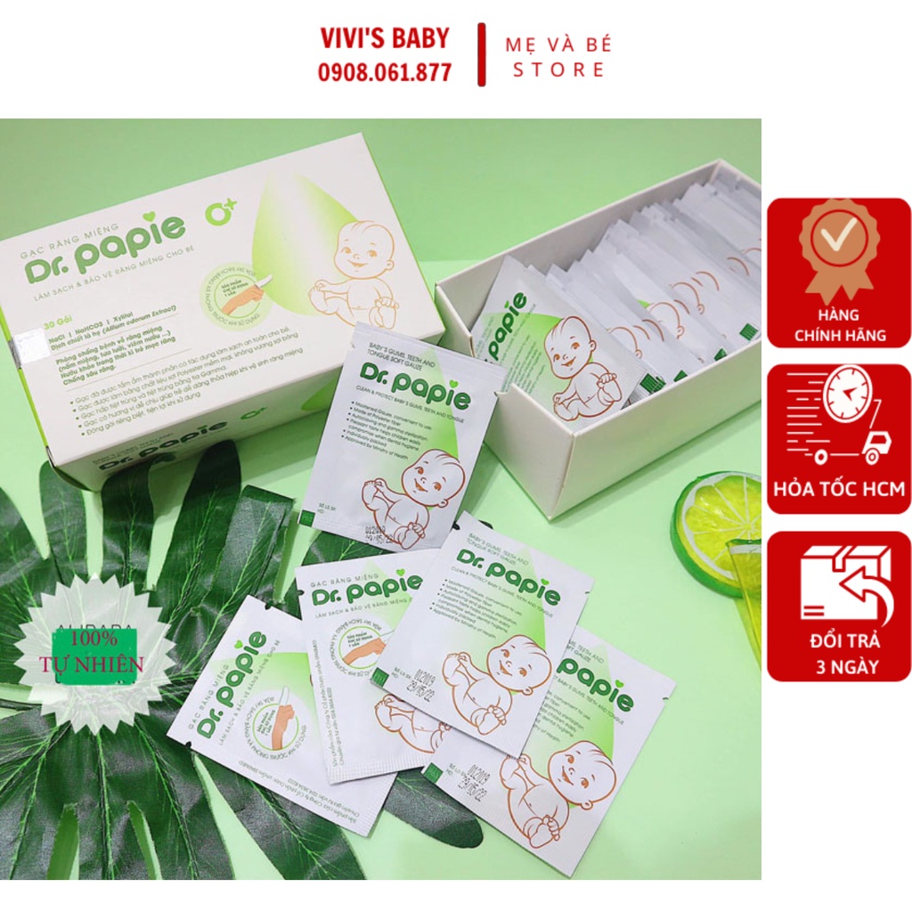 Gạc rơ lưỡi Dr Papie xỏ ngón vệ sinh răng miệng cho bé, Có tinh dầu lá hẹ thiên nhiên