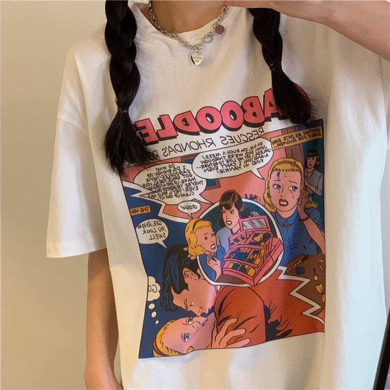 SUXI Áo Thun Tay Ngắn Cổ Tròn Form Rộng In Họa Tiết Nhân Vật Đơn Giản Thời Trang Mùa Hè Cho Nữ