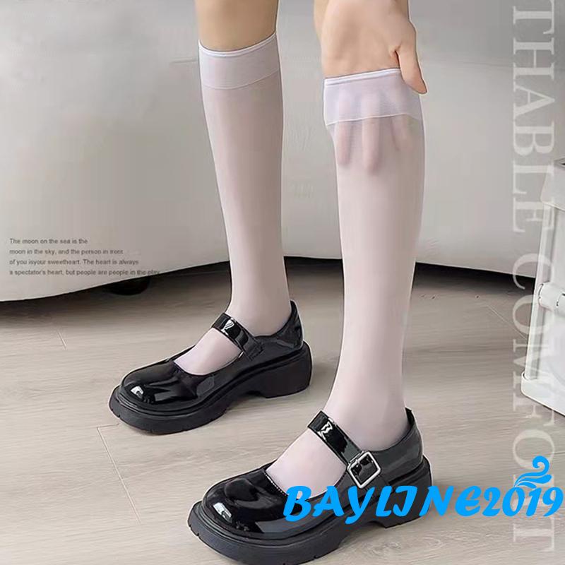 Vớ Dài Ngang Bắp Chân Mỏng Co Giãn Màu Trơn Thời Trang Dành Cho Nữ