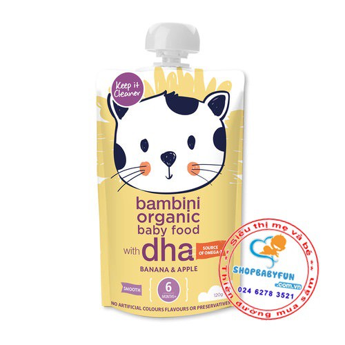 Hoa quả nghiền Bambini Organic bổ sung DHA cho bé từ 6 tháng vị Chuối, táo