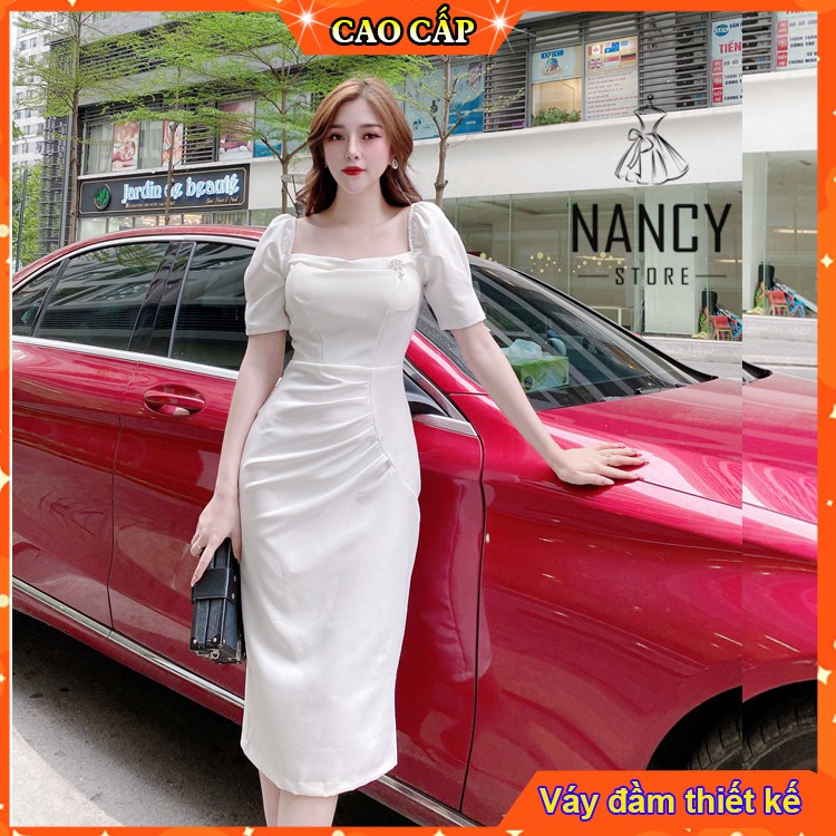 Váy đầm nữ body cổ vuông,dáng ôm tay lửng, cao cấp sang chảnh dự tiệc công sở màu  trắng Nancy A38 | BigBuy360 - bigbuy360.vn