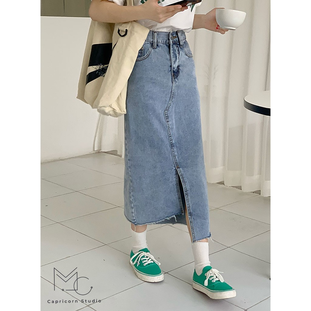 Chân váy Jean dài xẻ vạt lệch cá tính phong cách Ulzzang Hàn Quốc [MinC.Studio - MCCV005]