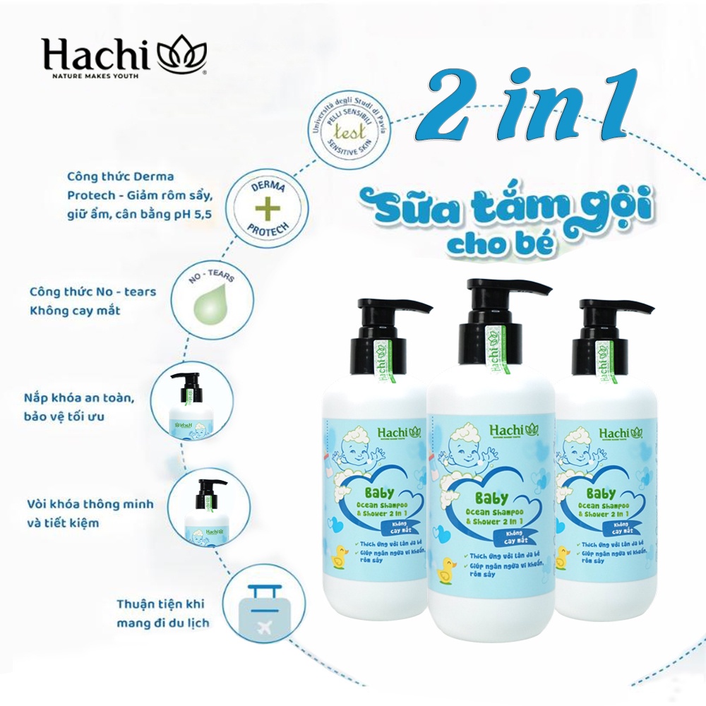 Dầu tắm gội trẻ em Hachi Baby 350ml 2 Trong 1 không cay mắt cho bé 0-6 tuổi màu xanh BABY OCEAN SHAMPOO &amp; SHOWER
