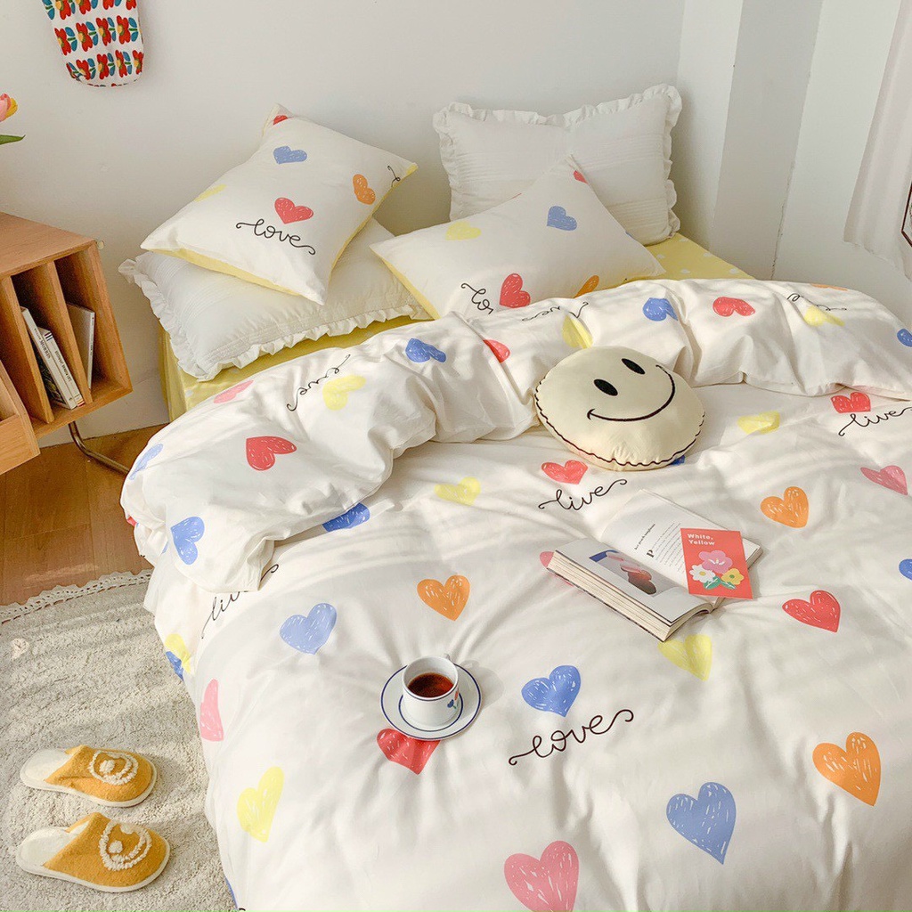 Bộ chăn ga gối cotton poly Lidaco decor phòng ngủ vintage - Tim nhiều màu (SP001449)