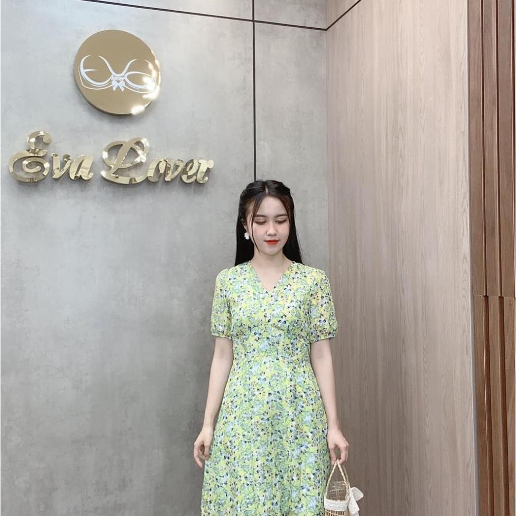 Váy hoa nhí công sở cổ V voan tay họa tiết hoa nhí chất liệu tơ xước thoáng mát Eva Lover