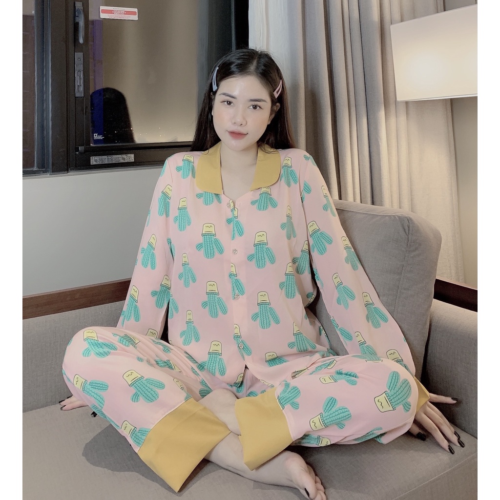 Bộ Lụa Pijama Tay Dài Họa Tiết - Hàng Chuẩn Đẹp