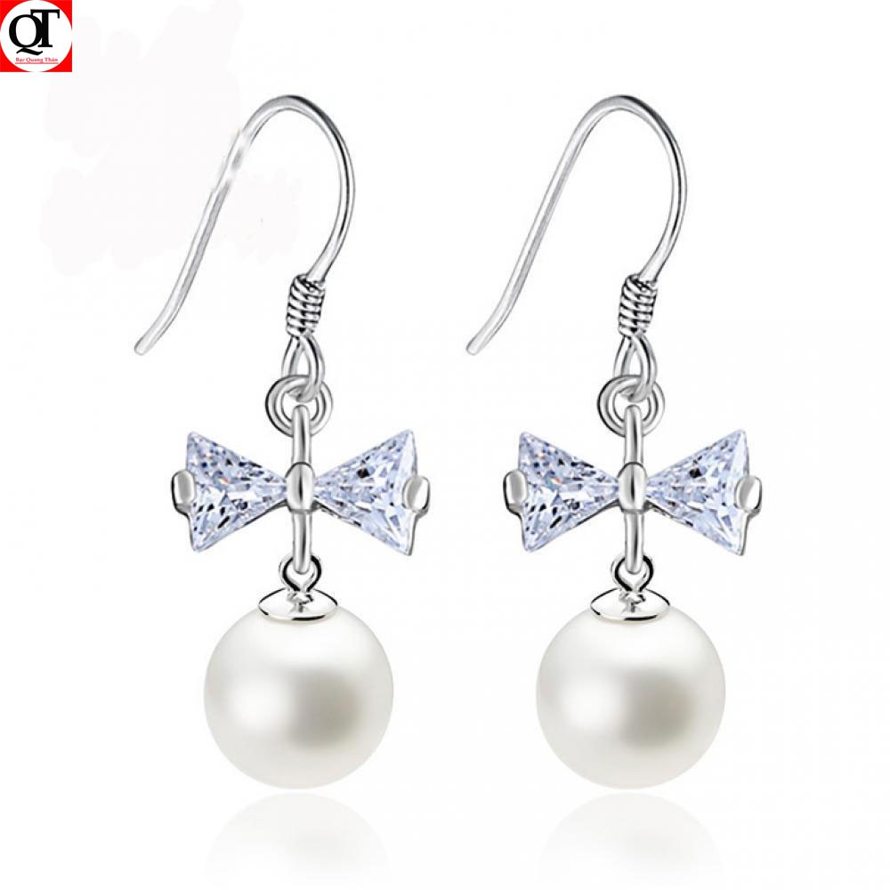 Bông tai nữ ngọc nhân tạo kiểu dáng dài gắn đá cobic trắng đeo sát tai 100% chất liệu bạc trang sức Bạc Quang Thản