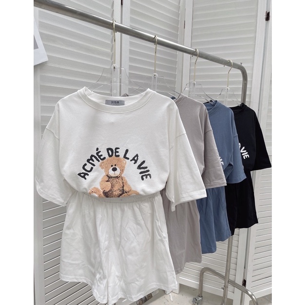 [Ảnh thật/Video]Bộ thể thao HÌNH GẤU cute dáng rộng mùa hè Set áo phông kèm quần chất thun cotton màu dễ thương