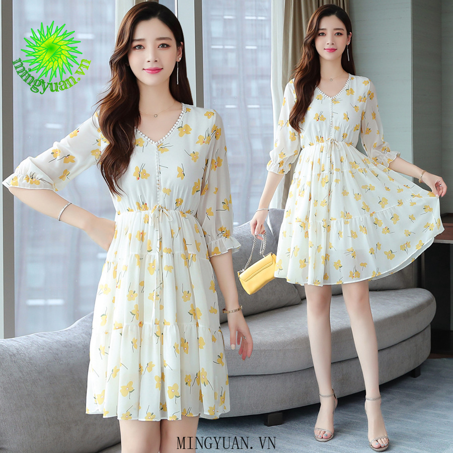 ( Mingyuan ) New summer floral chiffon v-neck waist slimming fairy dress