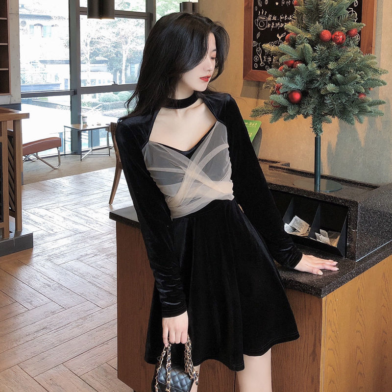 Đầm dài tay phối lưới thời trang gợi cảm cho nữ