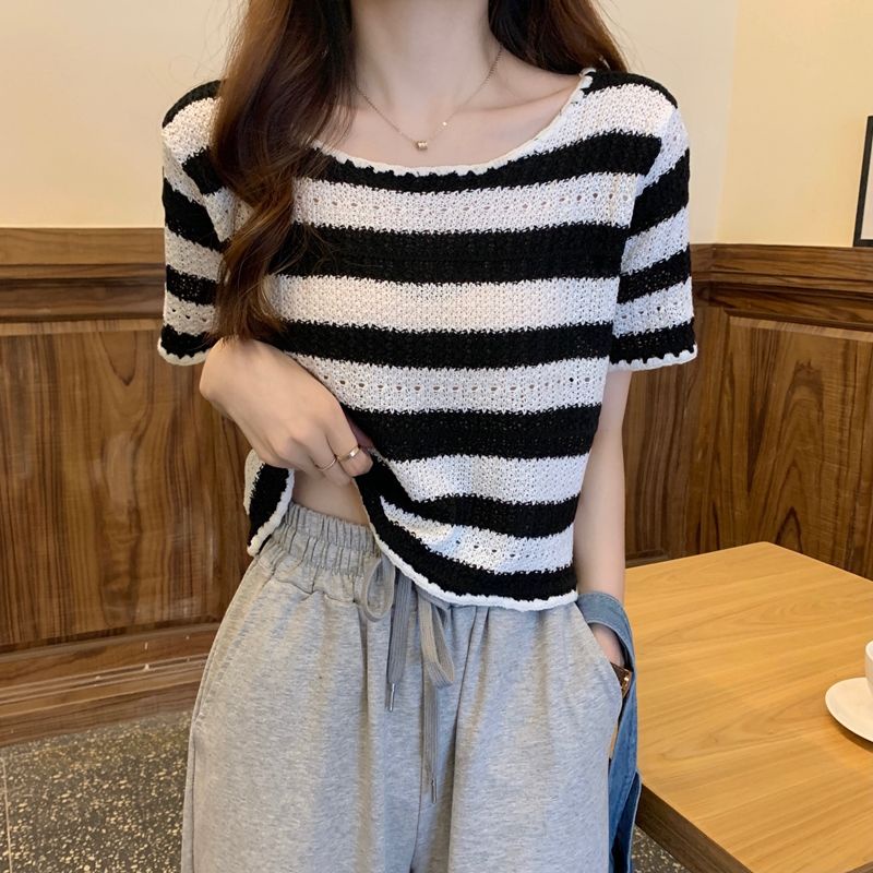 Áo Thun Dệt Kim Ngắn Tay Cổ Tròn Họa Tiết Kẻ Sọc Dáng Rộng Thời Trang Cho Nữ JL-TX-193