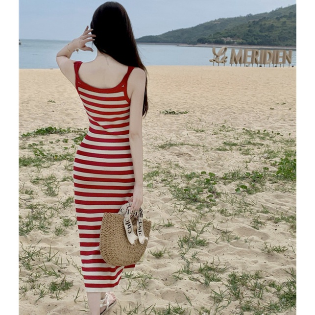 Đầm Thun Ngắn Tay Xẻ Tà Kẻ Sọc Đỏ Gợi Cảm Thời Trang Mùa Hè Cho Nữ