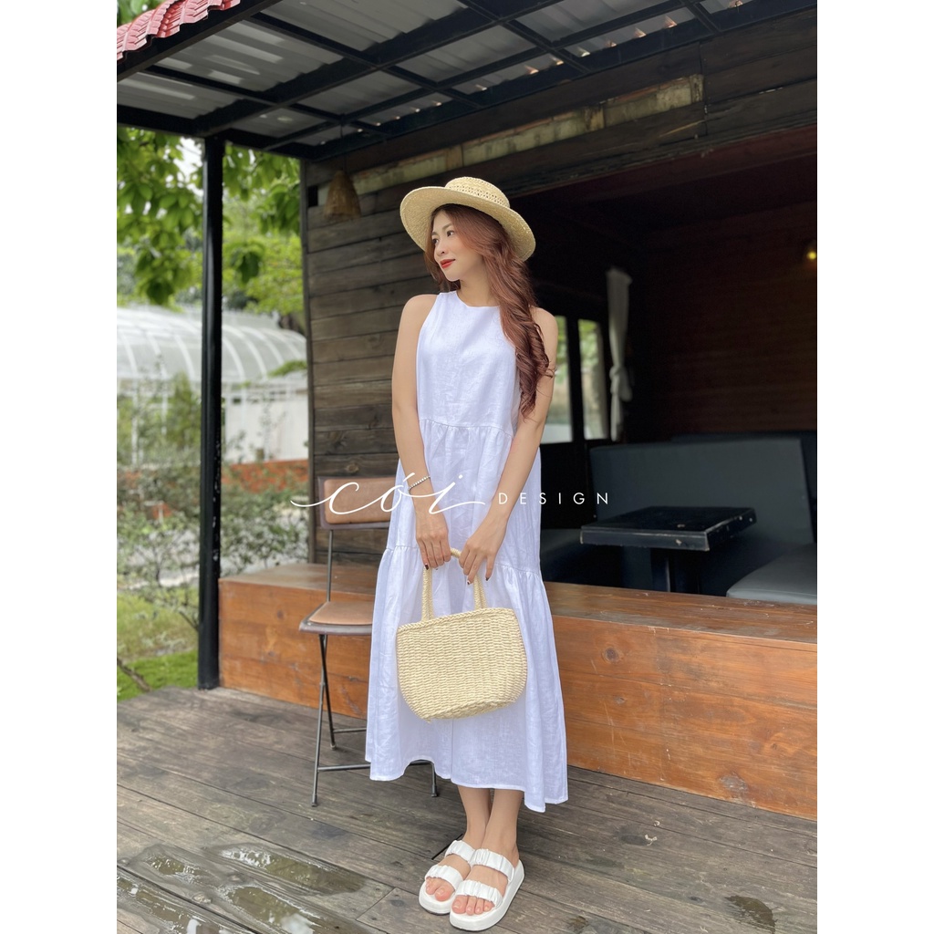Đầm linen sát nách trơn tầng Cói Design