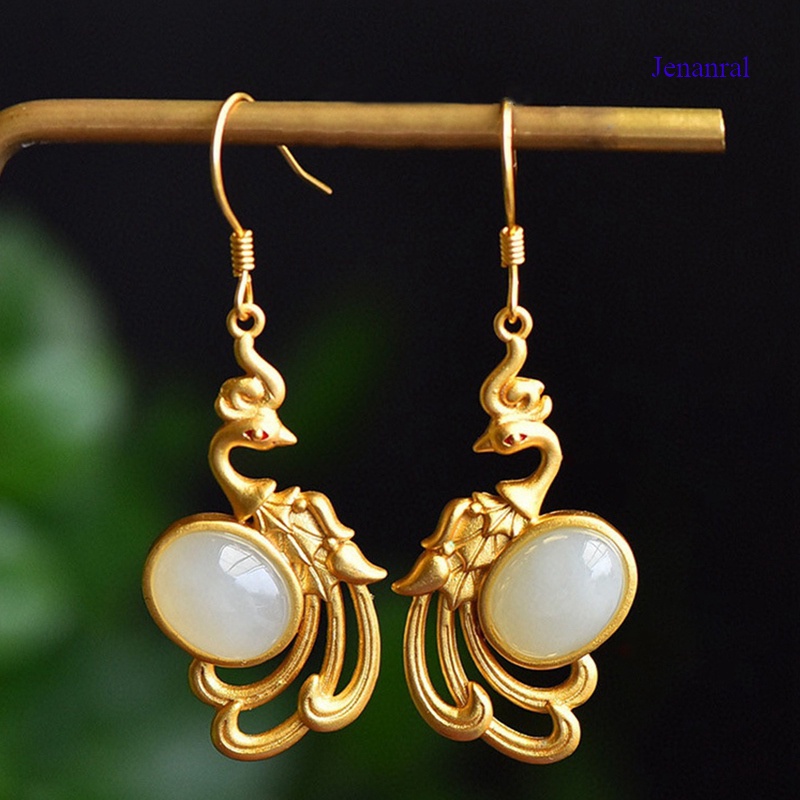 Bông tai bạc đính ngọc bích phong cách Trung Hoa sang trọng cho nữ
