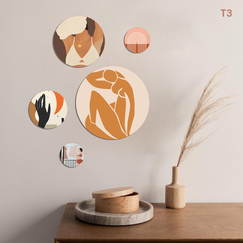 Set tranh tròn DECOR phòng 5 hình hiện đại treo không cần khoan tường
