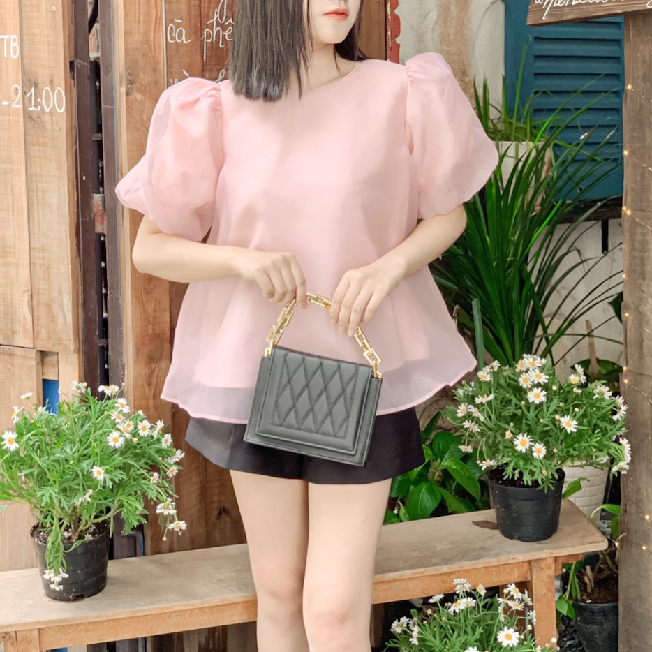 Áo babydoll nữ tay phồng tiểu thư áo tay phồng voan đi chơi 2 màu trắng hồng