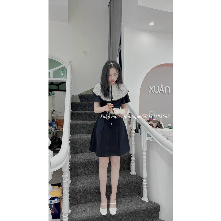 đầm lụa đính nút kiểu cổ bẻ bản to ngắn tay
