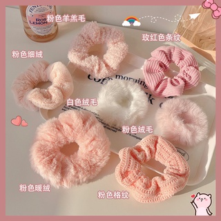 Dây Buộc Tóc Cao Su Phối Lông Màu Hồng Dễ Thương Thời Trang Thu Đông Cho Nữ