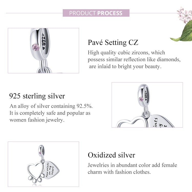 Mặt trang sức Bamoer BSC511 bằng bạc Sterling 925 hình bàn chân trái tim dễ thương làm trang sức DIY