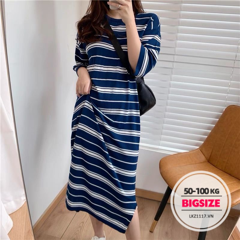 Đầm Kẻ Sọc lụa lạnh Bigsize Váy nữ dáng suông tay ngắn cổ tròn mùa hè Phong cách Hàn Quốc Thời Trang tiểu thư cá tính xinh đẹp cho người mập béo
