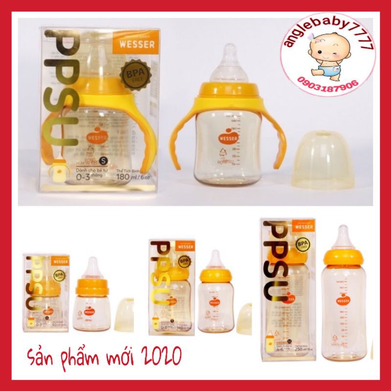 { BB223 } [MẪU MỚI 2020] [CHÍNH HÃNG] Bình sữa PPSU Wesser cổ hẹp /cổ rộng 60-140-180-1--250ML ( MKBLN )