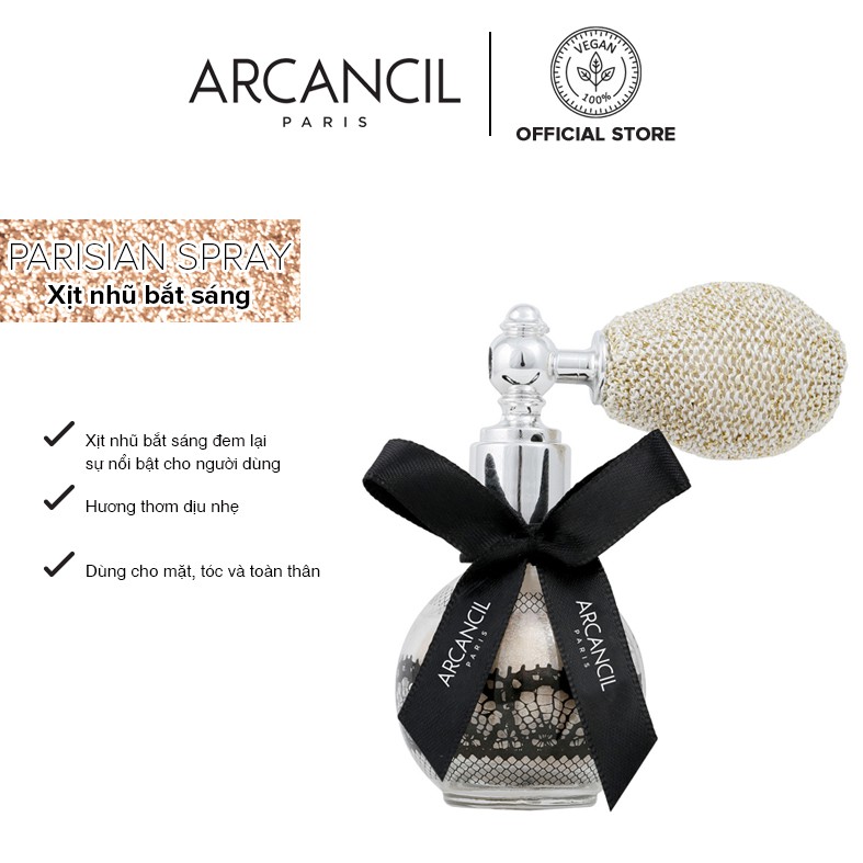 Xịt nhũ kim tuyến Arcancil Parisian Spray Shimmering Powder Face, Cleavage and Hair 3.5gr