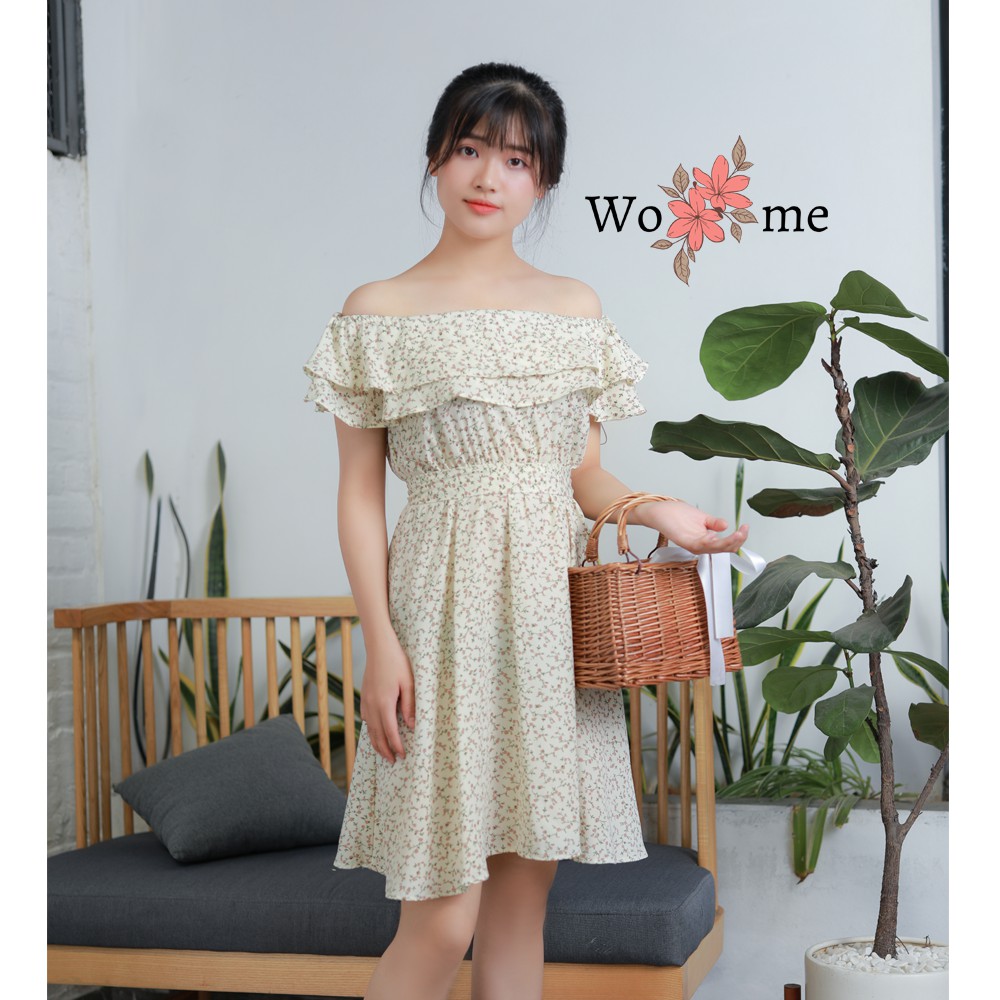 Váy đầm nữ dáng xòe hoa nhí trễ vai đầm đi biển, đi làm, đi chơi hàng cao cấp | BigBuy360 - bigbuy360.vn