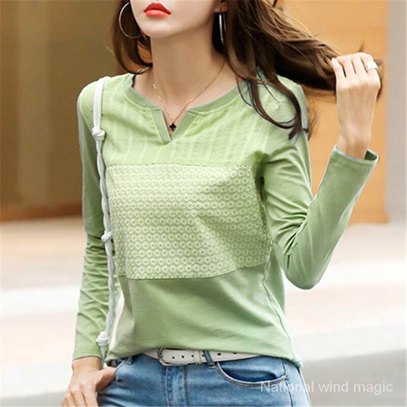 Áo thun cotton tay dài cổ chữ V thời trang xuân thu 2019 cho nữ
 | BigBuy360 - bigbuy360.vn