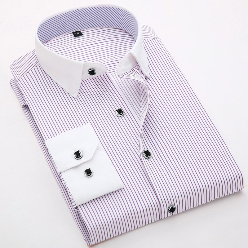 【Non-iron shirt】Men Formal Button Smart Casual Plus Size Long Sleeve Slim Fit Men's non iron striped long sleeve shirt business slim casual young and middle-aged wrinkle resistant shirt spring and autumn thin inch cotton shirt