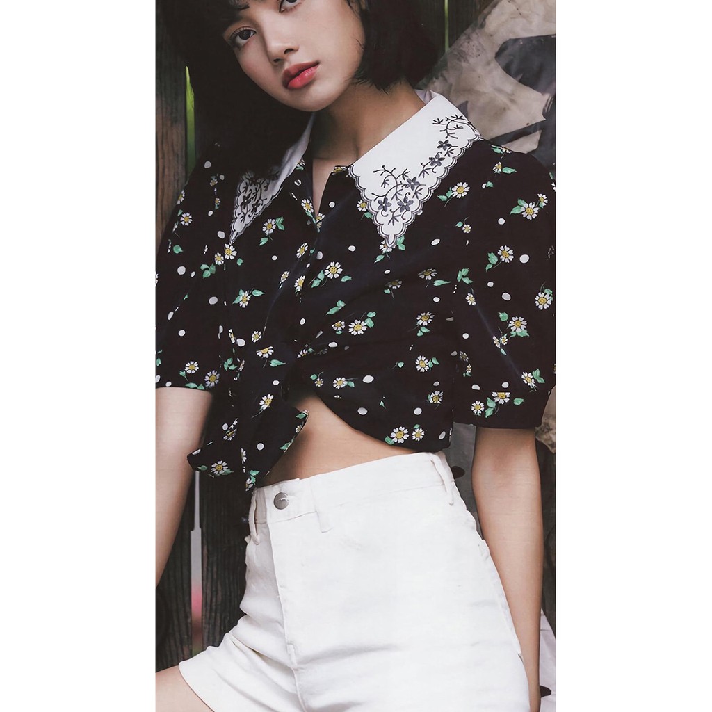 Lisa blackpink Áo Crop Top Ren Hoa Ngắn Tay Thời Trang Retro Hàn Quốc Cho Nữ