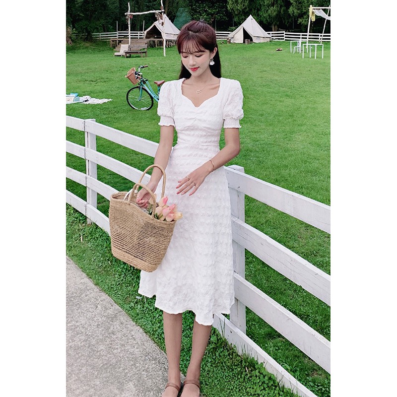 Đầm tay phồng kiểu Pháp màu trắng tinh tế thời trang cho nữ | WebRaoVat - webraovat.net.vn