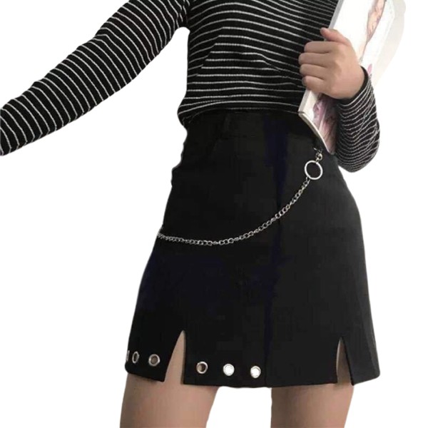 Chân Váy Nữ Hàn Quốc Phối Dây Xích , Xỏ Khuyên Xẻ Tà Phù Hợp Đi Chơi , Dạo Phố HOHA0027
