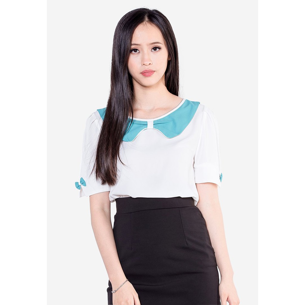 Áo sơ mi lụa trắng tay cộc đính nơ cổ The One Fashion ADD0753TR