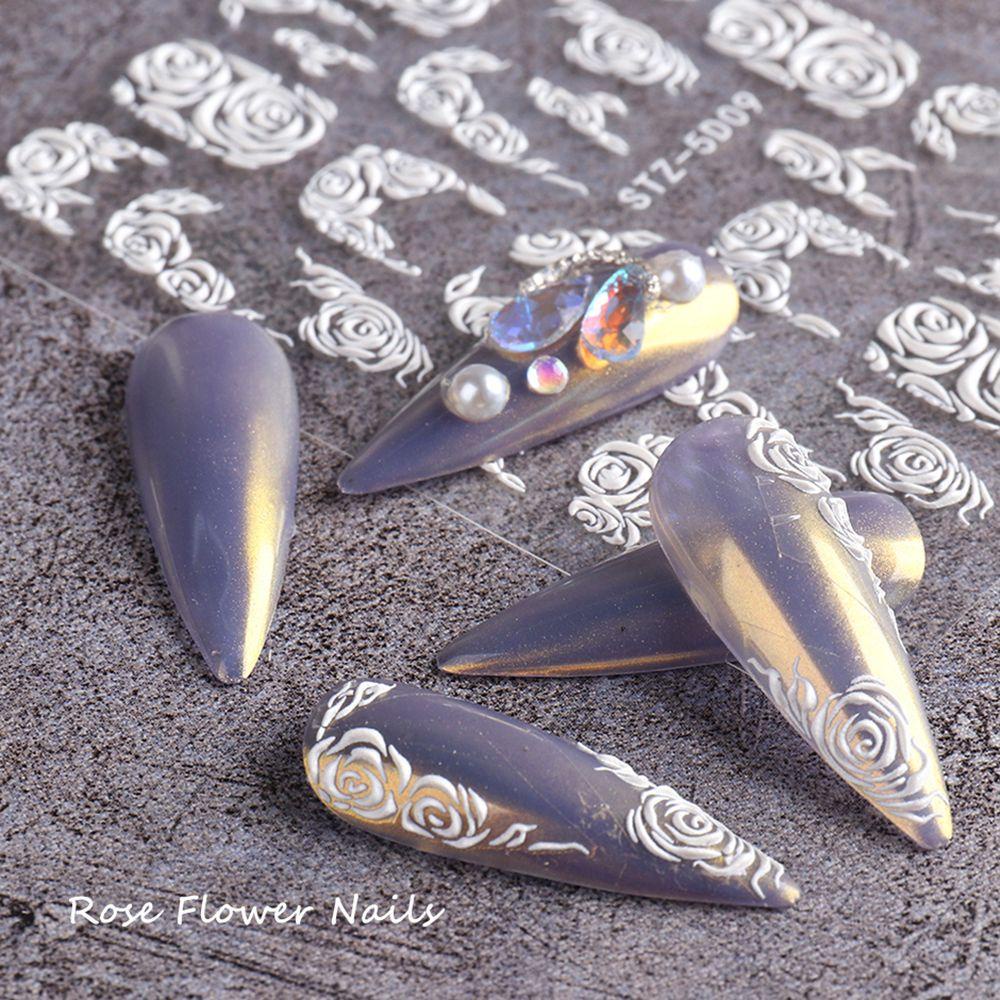 [Hàng mới về] Miếng dán móng 5D màu trắng dập nổi hoa văn tinh tế DIY