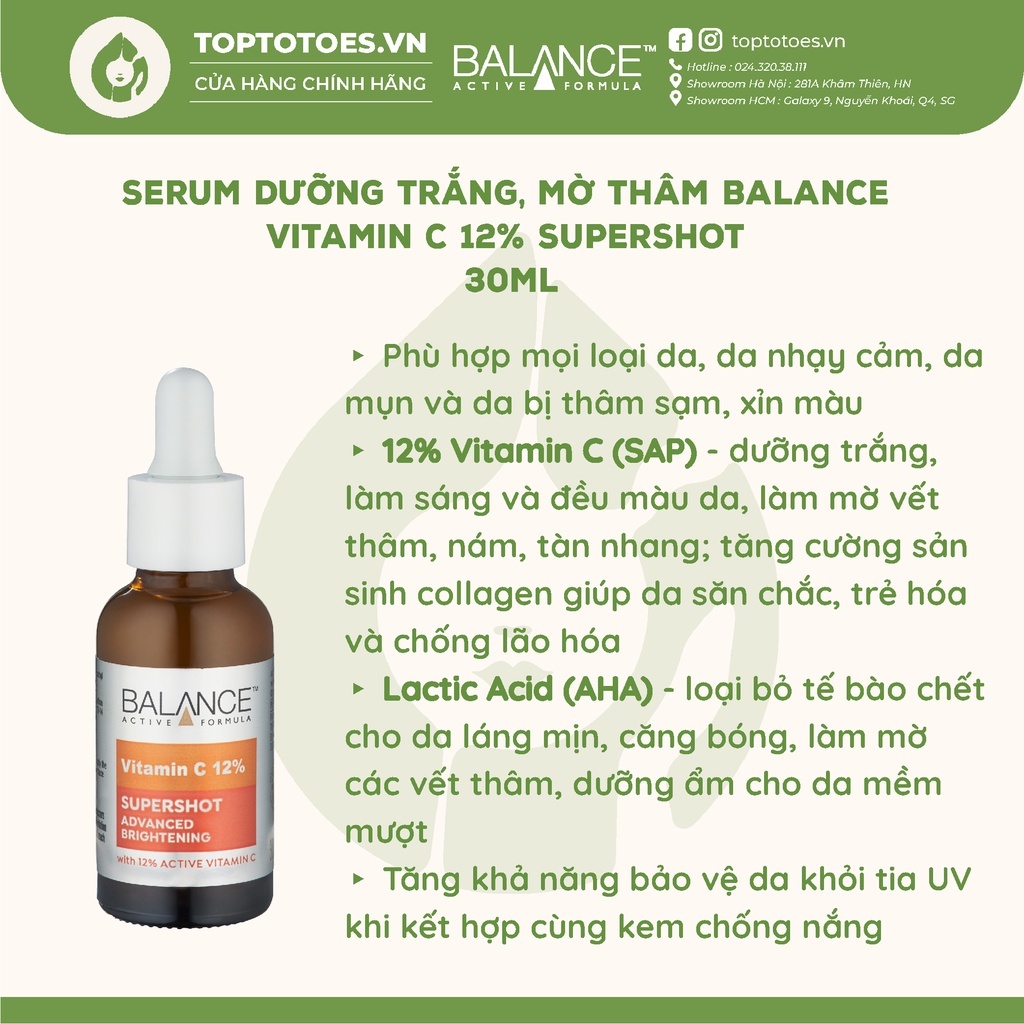 Serum dưỡng trắng, mờ thâm Balance Vitamin C 12% Supershot 30ml