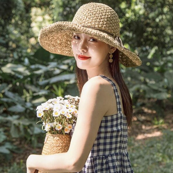 Mũ cói mềm dây thắt nơ phong cách Vintage xinh xắn