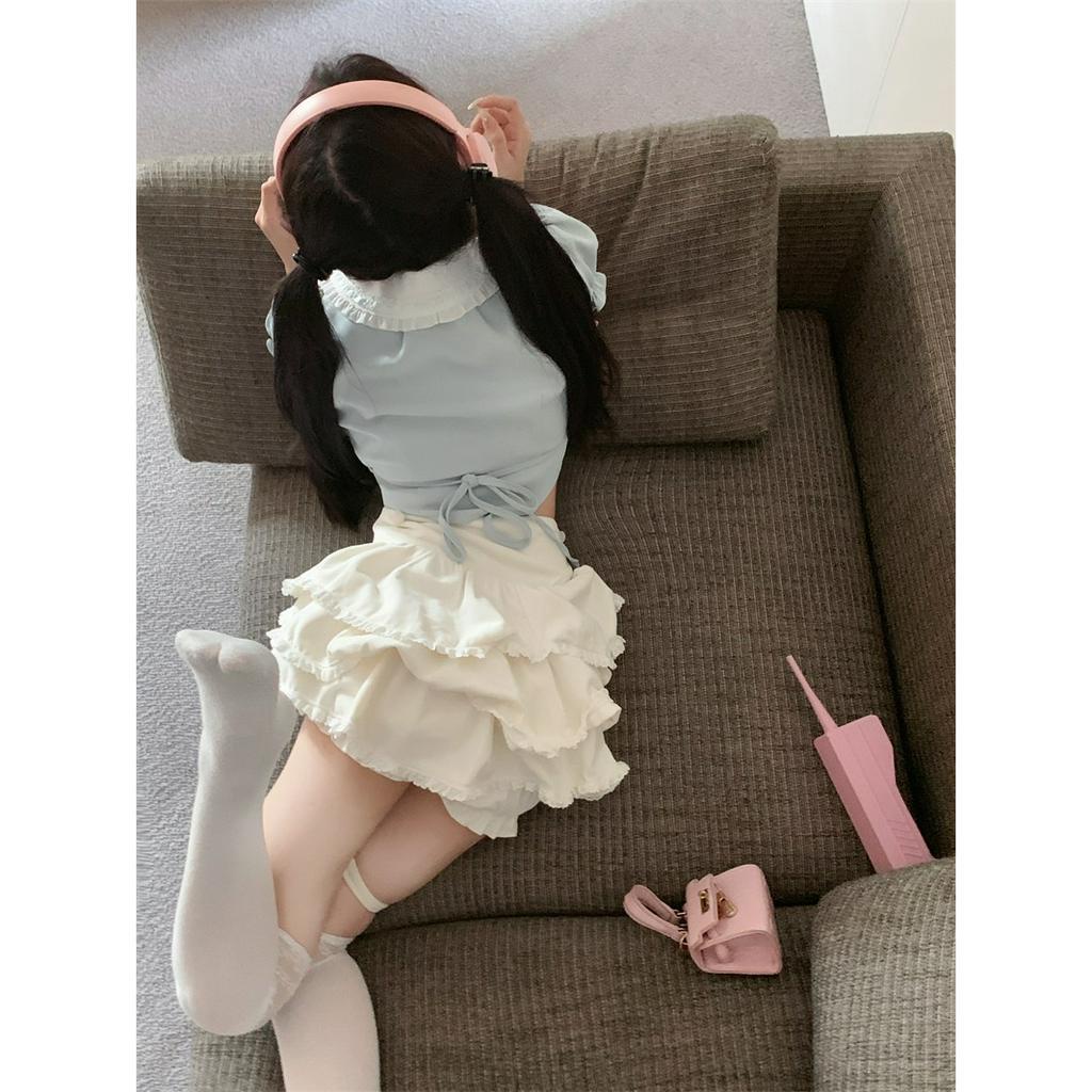Cocory vn Bộ Áo Tay Phồng Cổ Búp Bê / Chân Váy Lưng Cao Xếp Tầng Đáng Yêu Thời Trang Cho Nữ